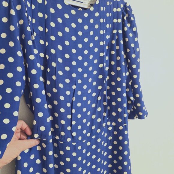 Vintage Cobalt & Creme Polka-dot Maxi Dress 3/4 Sleeve by Jane Schaffhausen Sz14 - Picture 2 of 7